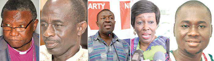 From left: Rev Prof. Emmanuel Asante — NPC, Mr Johnson Asiedu Nketia — NDC,  Nana Akomea — NPP, Nana Konadu Agyeman Rawlings — NDP and Mr Atik Mohammed — PNC